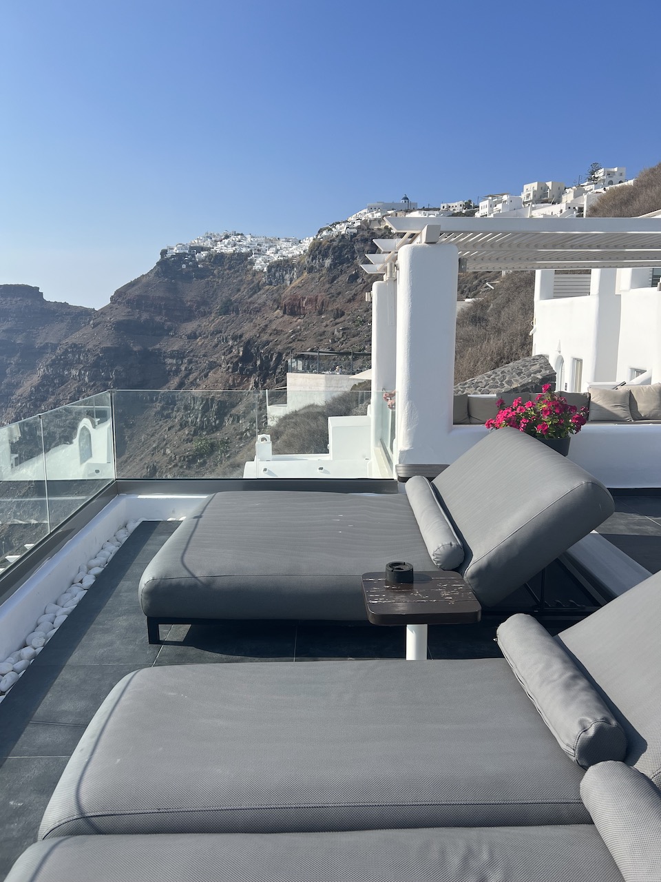 sun terrace, Santorini, Fira, caldera view, cliffside, pool cabana, agali houses 